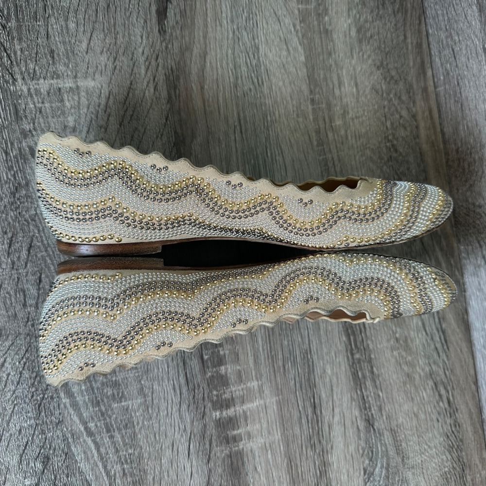 Chloe Lauren Ballet Flats 8.5 / 39 Scalloped Studded Tan Suede Gold Silver - Picture 10 of 12
